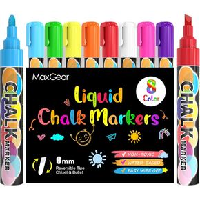 MaxGear Chalk Markers, 12 Color Liquid Chalk Marker for Blackboard, Wet Erase Window Markers for Glass Washable with 6mm Reversible Bullet & Chisel Tip for Chalkboard, Glass, Window, Mirror, 12 Pack