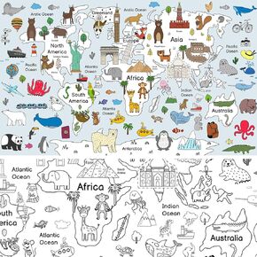 32*54" World Map Coloring Poster Wall Doodle Art Continents Coloring Education Poster Geography Coloring Tablecloth for Classroom Birthday Party Family Friendly Activity Travel Enthusiasts