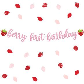 Berry First Birthday Decorations Banner Strawberry 1st Birthday Decor with Confetti for Strawberry Party Decoration Sweet One Party Supplies (Pink01)