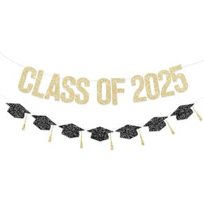 Pre Strung Graduation Decorations Class of 2025 Banner Gold Glitter College Party Congrats Grad with Tassel Decor High Favors NO DIY for Supplies School Home Car