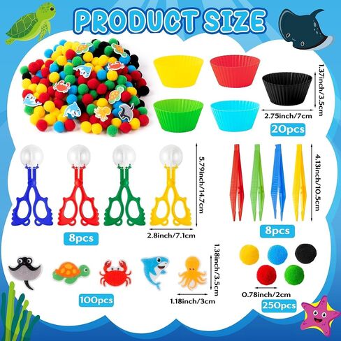 EZdhuawuse Summer Sensory Bin Fillers - 387Pcs Sea Ocean Animal Multi-Pack Fine Motor Toys Math Color Sorting Set for Multiple Kids, Felt Shark Crab Pom Poms Cup Clip for Preschool Education Training in Kuwait