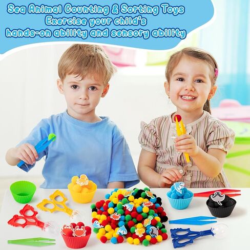 EZdhuawuse Summer Sensory Bin Fillers - 387Pcs Sea Ocean Animal Multi-Pack Fine Motor Toys Math Color Sorting Set for Multiple Kids, Felt Shark Crab Pom Poms Cup Clip for Preschool Education Training in Kuwait