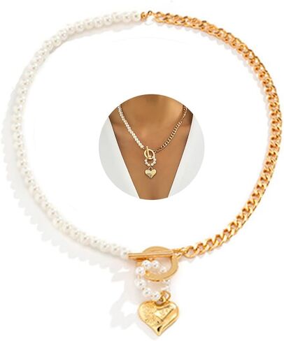 قلادة اللؤلؤ OT تبديل المشبك قلادة سلسلة قلادة القلب قلادة اللؤلؤ والمجوهرات للنساء والفتيات (الذهب) in Kuwait