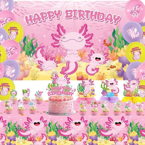 KEFAN Pink Axolotl Birthday Party Decorations, Axolotl Party Supplies including Banner, Cake Toppers, Table Centerpieces, Balloons for Axolotl Birthday Party (L) in Kuwait