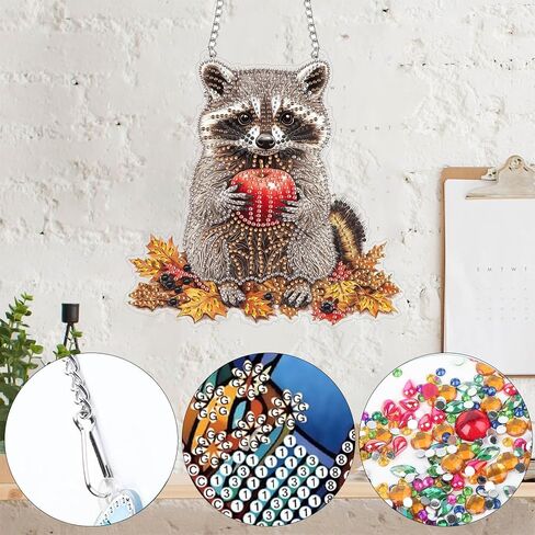 Yomiie Raccoon Animal Sun Catcher Window Hanging - DIY Double Sided Diamond Painting Pendant Kits for Adults, 5D Acrylic Diamonds Art Ornament for Indoor/Outdoor Garden Home Autumn Decor (8x8 inch) in Saudi Arabia