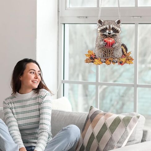 Yomiie Raccoon Animal Sun Catcher Window Hanging - DIY Double Sided Diamond Painting Pendant Kits for Adults, 5D Acrylic Diamonds Art Ornament for Indoor/Outdoor Garden Home Autumn Decor (8x8 inch) in Saudi Arabia