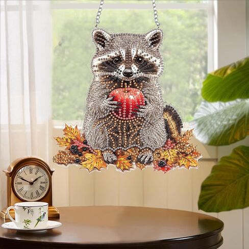 Yomiie Raccoon Animal Sun Catcher Window Hanging - DIY Double Sided Diamond Painting Pendant Kits for Adults, 5D Acrylic Diamonds Art Ornament for Indoor/Outdoor Garden Home Autumn Decor (8x8 inch) in Saudi Arabia