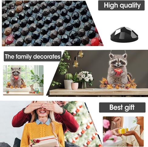 Yomiie Raccoon Animal Sun Catcher Window Hanging - DIY Double Sided Diamond Painting Pendant Kits for Adults, 5D Acrylic Diamonds Art Ornament for Indoor/Outdoor Garden Home Autumn Decor (8x8 inch) in Saudi Arabia