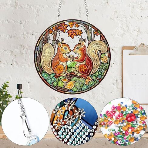 Yomiie Raccoon Animal Sun Catcher Window Hanging - DIY Double Sided Diamond Painting Pendant Kits for Adults, 5D Acrylic Diamonds Art Ornament for Indoor/Outdoor Garden Home Autumn Decor (8x8 inch) in Saudi Arabia