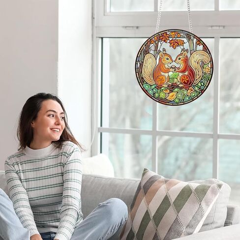 Yomiie Raccoon Animal Sun Catcher Window Hanging - DIY Double Sided Diamond Painting Pendant Kits for Adults, 5D Acrylic Diamonds Art Ornament for Indoor/Outdoor Garden Home Autumn Decor (8x8 inch) in Saudi Arabia
