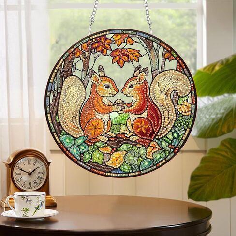 Yomiie Raccoon Animal Sun Catcher Window Hanging - DIY Double Sided Diamond Painting Pendant Kits for Adults, 5D Acrylic Diamonds Art Ornament for Indoor/Outdoor Garden Home Autumn Decor (8x8 inch) in Saudi Arabia