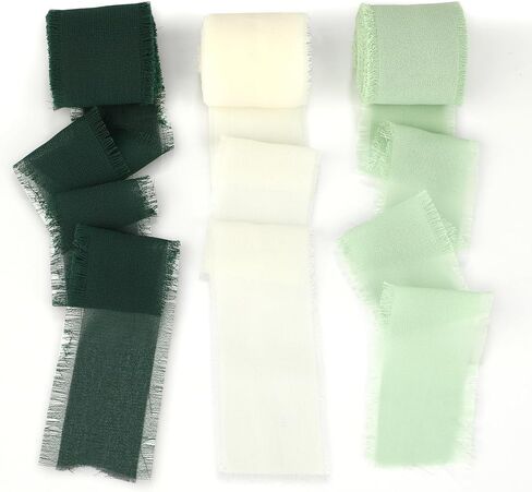 3 Rolls Chiffon Silk Ribbon, 1.5 inch 5 Yard Cream & Green Fringe Ribbons for Wedding Invitations Bridal Bouquets Gift Wrapping Crafts Flower Arrangement Decoration in Saudi Arabia
