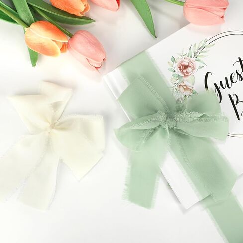 3 Rolls Chiffon Silk Ribbon, 1.5 inch 5 Yard Cream & Green Fringe Ribbons for Wedding Invitations Bridal Bouquets Gift Wrapping Crafts Flower Arrangement Decoration in Saudi Arabia