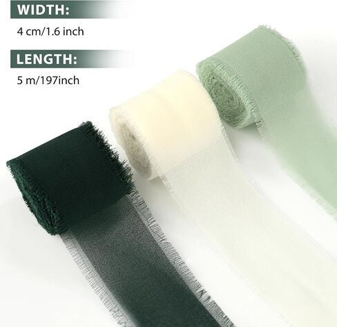 3 Rolls Chiffon Silk Ribbon, 1.5 inch 5 Yard Cream & Green Fringe Ribbons for Wedding Invitations Bridal Bouquets Gift Wrapping Crafts Flower Arrangement Decoration in Saudi Arabia