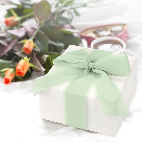 3 Rolls Chiffon Silk Ribbon, 1.5 inch 5 Yard Cream & Green Fringe Ribbons for Wedding Invitations Bridal Bouquets Gift Wrapping Crafts Flower Arrangement Decoration in Saudi Arabia