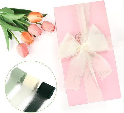 3 Rolls Chiffon Silk Ribbon, 1.5 inch 5 Yard Cream & Green Fringe Ribbons for Wedding Invitations Bridal Bouquets Gift Wrapping Crafts Flower Arrangement Decoration in Saudi Arabia