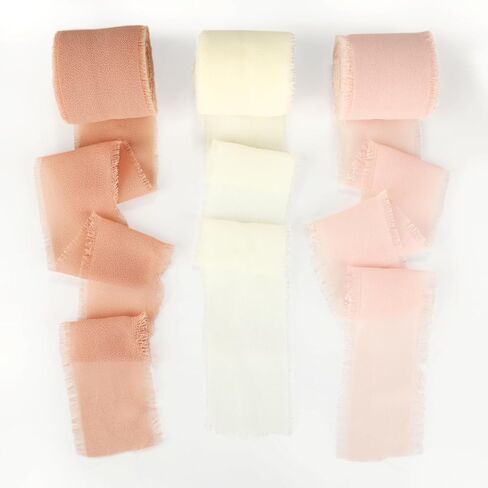 3 Rolls Chiffon Silk Ribbon, 1.5 inch 5 Yard Cream & Green Fringe Ribbons for Wedding Invitations Bridal Bouquets Gift Wrapping Crafts Flower Arrangement Decoration in Saudi Arabia