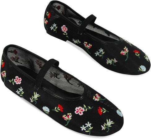 Mesh Ballet Flats for Women Embroidered Floral Mary Jane Flats Comfortable Casual Daily Dress Ballerina Shoes in Kuwait