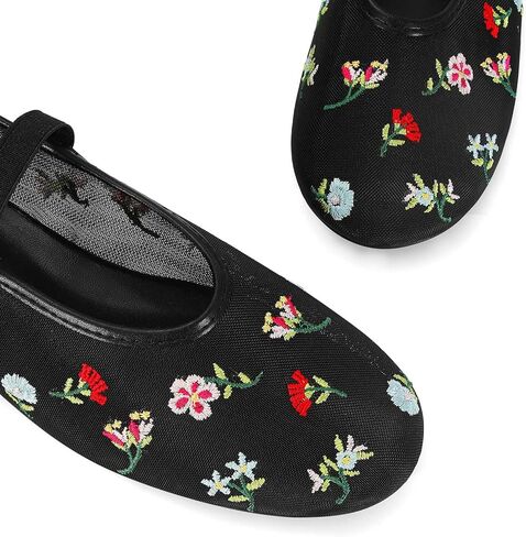 Mesh Ballet Flats for Women Embroidered Floral Mary Jane Flats Comfortable Casual Daily Dress Ballerina Shoes in Kuwait