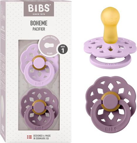 BIBS Pacifiers 0-6 Months | Boheme Collection 2-Pack | BPA-Free Round Natural Rubber Nipple | Made in Denmark | Violet Sky/Mauve Color Pacifier in Saudi Arabia