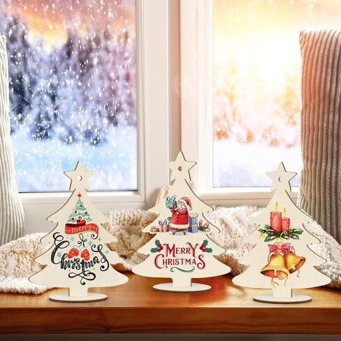 Wooden Christmas Ornaments to Paint Christmas Tree Decoration Cutouts Unfinished 3Pack 7 inches, Wood DIY Blank Christmas Tree Table Sign Ornament for Home Crafts Hanging Decoration with String Base in Saudi Arabia