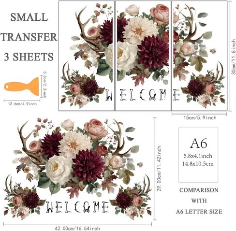 Olycraft 3pcs/مجموعة الغزلان قرن قرن داهليا فرك على التحويلات للأثاث والحرف اليدوية 6x12 بوصة الأثاث شارات الديكور ترحيب ملصقات نقل مع 1pc مكشفية لنافذة السكر ديكور المنزل DIY in Saudi Arabia