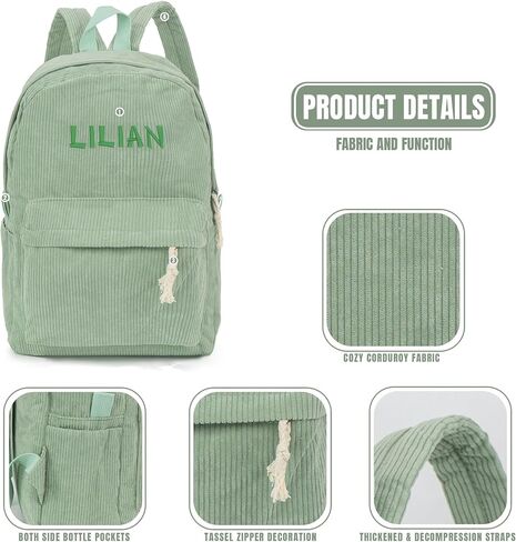 MT WORLD Kids Corduroy Backpack Personalized Toddler Backpacks for Boys - Custom Green Toddler Bookbag with Embroidered Name - Infant Daycare Bag for School Travel - Fit for Folder in Saudi Arabia