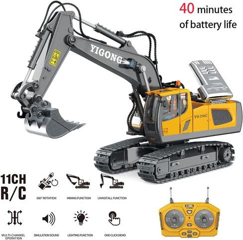 RC Construction Truck, 2.4G High Tech 11 Channels RC Excavator Dump Trucks Bulldozer Alloy Plastic Engineering Vehicle Electronic Toys for Boy Gifts (Color : Black Excavator, Size : 1 Battery in Saudi Arabia