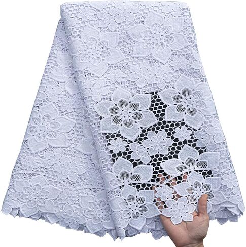 African Lace Fabric 5 Yards, French Jacquard Embroidery Water Soluble Solid White Lace Fabric for Party Wedding Dress in Saudi Arabia