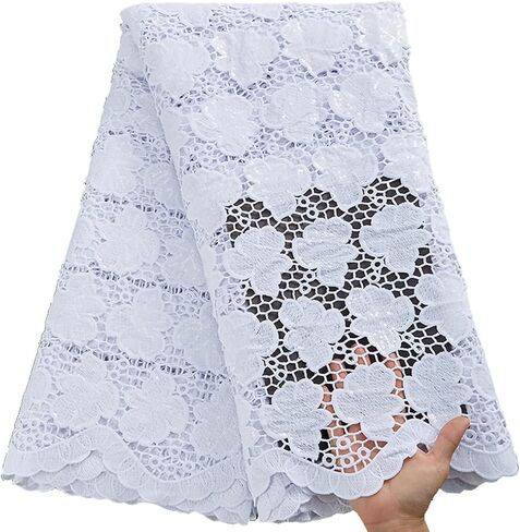 African Lace Fabric 5 Yards, French Jacquard Embroidery Water Soluble Solid White Lace Fabric for Party Wedding Dress in Saudi Arabia