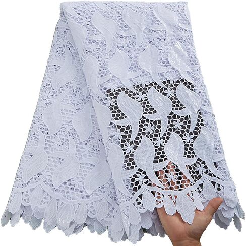 African Lace Fabric 5 Yards, French Jacquard Embroidery Water Soluble Solid White Lace Fabric for Party Wedding Dress in Saudi Arabia