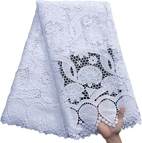 African Lace Fabric 5 Yards, French Jacquard Embroidery Water Soluble Solid White Lace Fabric for Party Wedding Dress in Saudi Arabia