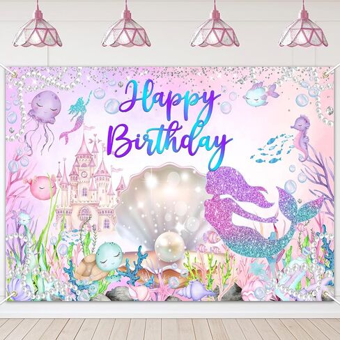 Avezano Mermaid خلفية عيد ميلاد سعيد تحت ديكورات حفلة عيد ميلاد البحر الخلفية حورية البحر الصغيرة للبنات موضوع Bday Party Decor (7x5ft) in Saudi Arabia