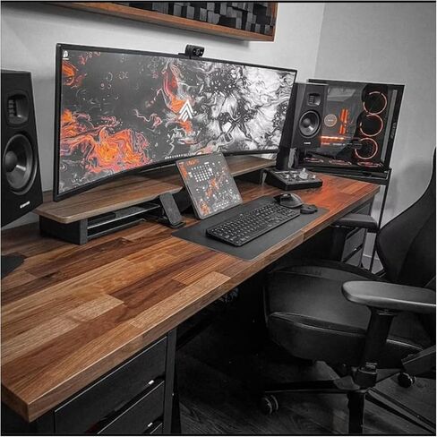 46" Dual Monitor Desk Shelf with Aluminum Under-Shelf | Large Monitor Riser | Office Storage | Desk Table | (ONE SMALL SHELF )(DARK WALNUT) in Saudi Arabia