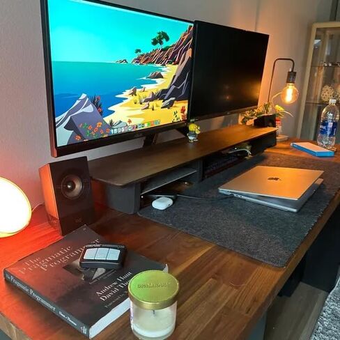 46" Dual Monitor Desk Shelf with Aluminum Under-Shelf | Large Monitor Riser | Office Storage | Desk Table | (ONE SMALL SHELF )(DARK WALNUT) in Saudi Arabia