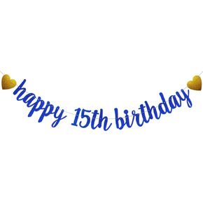 SUNbetterland Blue glitter Happy 15th Birthday Banner, Pre-Strung,Boys Kids 15th Birthday Party Decorations Supplies, Happy 15th Birthday