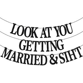 Look At You Getting Married Banner, Bachelorette Banner, Just Married Decor, Bridal Shower Wedding Engagement Party Decorations (Champagne Glitter)