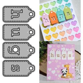 English Hugs Label Tag Metal Cutting Dies for Card Making, Paper Embossing Die Cuts Kit Templates Supplies, Photo Frame Album DIY Scrapbooking Stencils Sets