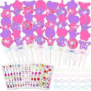 Juexica 48 Pcs Princess Fairy Wands Kit Include 6 Styles Unfinished Wooden Princess Accessories, Gem Stickers, Ribbons Make Your Own Fairy Wands for Kids Birthday Party Supplies, Ideal Gifts