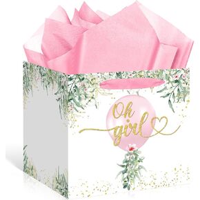 Large Boho Baby Girl Gift Bag, Baby Shower Square Gift Bag Pink Floral Jumbo Gifts Bag with Tissue Paper A Sweet Little Girl is on The Way Wrapping Paper Bag for Baby Shower Gender Reveal Party Favors