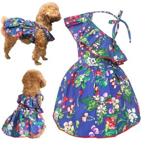 Dog Dress, Dog Summer Dresses with Lace-Up, Dogs Party Dress with Pretty Prints for Small Dogs (Navy Blue, XL)