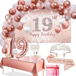 Trgowaul 19th Birthday Decorations Balloon Set girls Arch, Rose Gold 19th Birthday Banner and Party Tablecloth, Belt and Tiara, Pink Gold 19th Balloon, Pink Birthday Cake Topper, Latex Balloon * 60