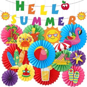 TaoBary Hello Summer Party Decorations Hello Summer Banner Set Hawaiian Watermelon Flamingo Hanging Paper Fans Banners for Hawaiian Pool Birthday Home Beach Office Party Decorations