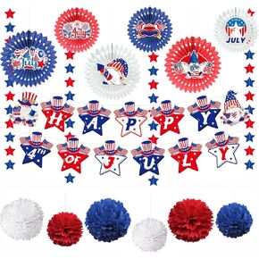 27Pcs 4th of July Party Decorations, Red White and Blue Decor Set with Banner, Paper Fans, Pom Poms & Star Streamers,Patriotic Decorations for Independence Day Outdoor Home Office or Mantel