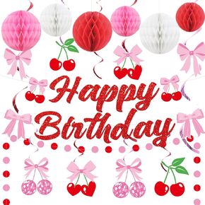 Cherry Birthday Party Decorations, Happy Birthday Banner with Honeycomb Balls Cherry Bow Hanging Swirls Streamer, Berry Party Decorations Summer Fruit Cherries Party Supplies