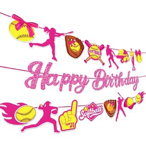 Softball Birthday Party Banner Softball Happy Birthday Banner Softballs Theme Party Decorations Glitter Yellow Hot Pink Softballs Garland Banner for Kids Girls Sports Baby Shower Partys Supplies