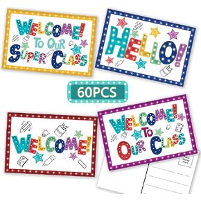 codree 32 Pieces Marquee Welcome Postcards, 4 x 6 Inch Welcome to Our Class Theme Postcard Welcome Greeting Cards Encouragement Note Cards Teacher Postcards for Kids, 4 Designs
