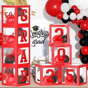 Graduation Decorations 2025, 4 PCS Red Graduation Balloon Boxes with Letters Grad & So Proud of You and 20 PCS Balloons, Class of 2025 Grad Party Decorations for High School College