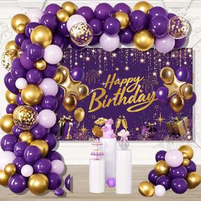 Purple and Gold Birthday Decorations for Men Women -Party Supplies with Happy Birthday Backdrop,Balloon Garland Arch Kit For Boys Girls