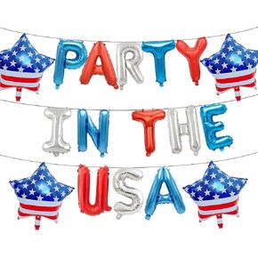16 Inch Red, White Blue 'PARTY IN THE USA' Balloon Banner - Mylar Letter Balloons with 18 Inch Star Shaped Foil Balloons for 4th of July, Memorial Day, Patriotic Decorations, American Party Supplies